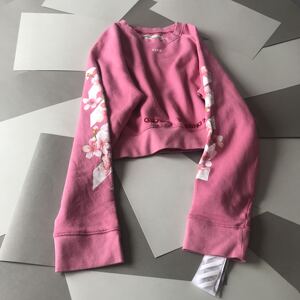 OFF WHITE TM 17新款OW粉色樱花套头圆领短款加绒宽松落肩卫衣