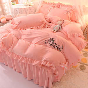 牛奶水晶绒床裙式四件套珊瑚绒法兰绒被套床单公主床上三件套冬季