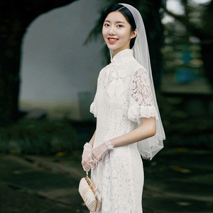 中式民国风改良旗袍轻婚纱白色蕾丝旅拍出门纱法式复古登记礼服裙