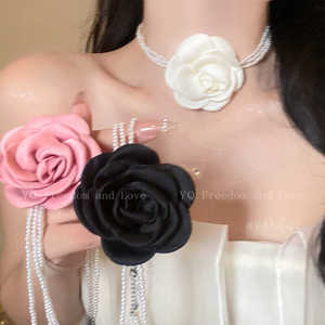 黑色玫瑰花朵珍珠多层项链女轻奢高级感choker锁骨链项圈颈带颈链