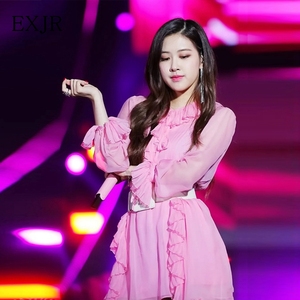 exjr blackpink朴彩英同款粉色娃娃领连衣裙法式显瘦仙女裙女神范