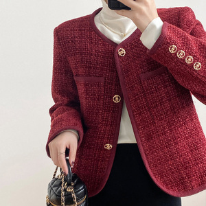小香风外套酒红色女春秋短款高品质长袖上衣赫本复古高级感小个子