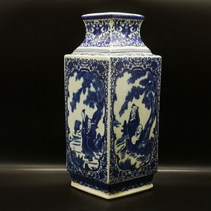 清乾隆青花八仙四方花瓶中式客厅装饰玄关摆件古玩古董老物件收藏