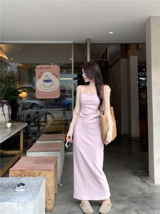 QGZ七公主春夏粉色修身显瘦吊带连衣裙裙+浅杏色针织短开衫上衣