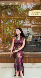 画报夫人原创自制新中式国风高级提花水滴贝壳袖连衣裙 紫玲珑