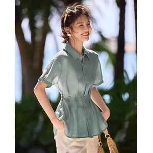 品牌折扣收腰显瘦短袖衬衫女式夏季通勤简约衬衣设计小众天丝上衣