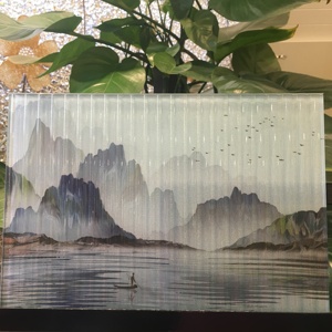 夹丝夹绢山水画长虹新中式背景墙艺术钢化玻璃定制屏风隔断玄关