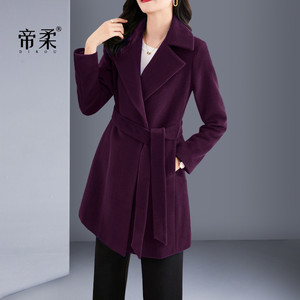帝柔羊毛呢外套女高贵紫色中长款修身系带2023秋冬新款气质呢大衣