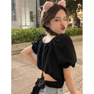 黑色修身露背短袖T恤女2024韩版夏季显瘦方领绑带高腰衬衫女上衣