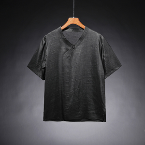 2021年新款桑蚕丝t恤男真丝香云纱上衣v领短袖夏轻熟风男装搭配
