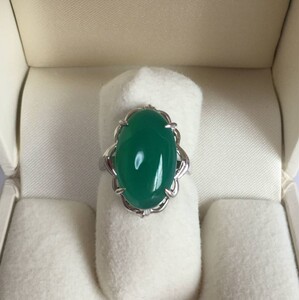 日本二手珠宝真品日本工艺pt900铂金大颗绿玉髓戒指10号包邮