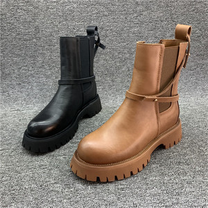 00源草服饰淘宝欧洲站清仓处理女鞋秋冬款粗跟短靴女真皮单靴高跟