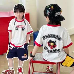 日系潮牌男童嘻哈短袖夏季宽松T恤套装中大儿童卡通印花拼色上衣