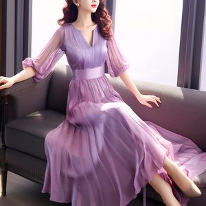 2024春款女装御姐气质高级感洋气减龄香芋紫泡泡袖百褶雪纺连衣裙