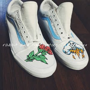 余帅帅手绘鞋 正品vans白色经典款手绘骷髅校园风涂鸦防水板鞋