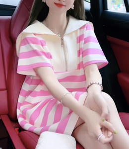 法式气质粉色条纹连衣裙女装2024年夏季新款宽松显瘦短袖t恤裙子