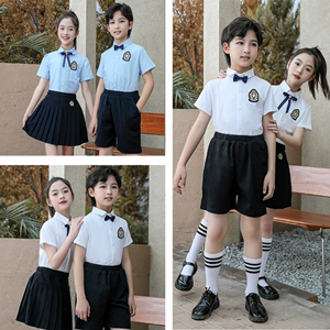 小学生白色蓝色衬衫英伦风校园服六一儿童演出服班服短袖衬衣套装