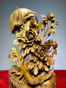 太行崖柏木雕花好月圆纯手工山水花鸟根雕摆件家居客厅艺术装饰