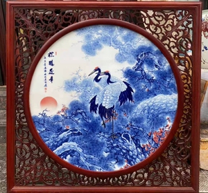 景德镇陶瓷瓷板画手绘青花松鹤延年圆形客厅挂画装饰画摆设饰品