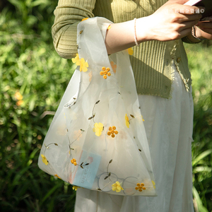 小雏菊透明手提袋ins风女士通勤夏天外出时尚鲜花刺绣网纱单肩包