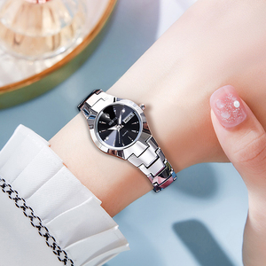 瑞士认证品牌手表女低调气质黑色钨钢女表手链款小表盘双日历防水