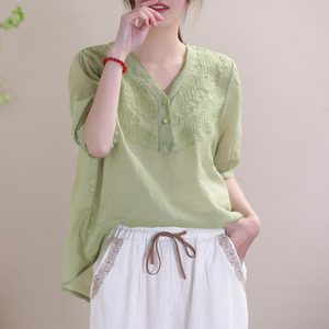 夏季高端苎麻上衣女宽松v领显瘦亚麻短袖t恤时尚灯笼袖棉麻娃娃衫