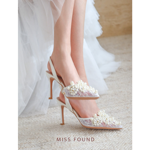 miss found白色高跟婚鞋夏季女主婚纱法式新娘鞋2023新款凉鞋小众