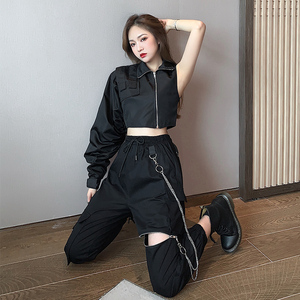 超酷欧美ins上衣两件套hiphop街舞酷女孩穿搭帅气爵士风格女装潮