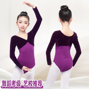 儿童舞蹈服装秋季练功服女童芭蕾舞服紫色长袖演出服金丝绒连体服