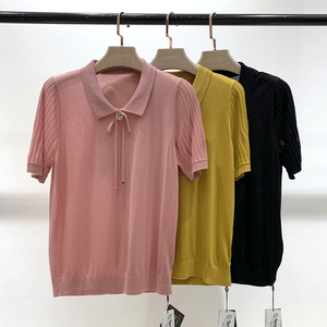 格莱蒂尔gm-163060女装2022夏款气质翻领天丝针织衫短袖套头上衣