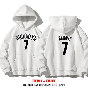 杜兰特同款联名7号篮网队2021新款春秋男宽松纯棉加绒厚连帽卫衣