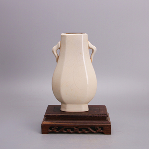 宋定窑白釉手工瓷开片双耳棱角扁瓶仿宋代出土古瓷器五大名窑摆件