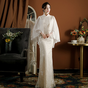 晚礼服裙轻奢小众高端2021新款鱼尾走秀白色宴会气质演出服旗袍裙