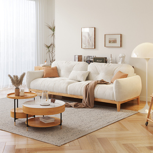 日式实木云朵沙发奶油白原木风科技绒布三人位客厅小户型简约家具