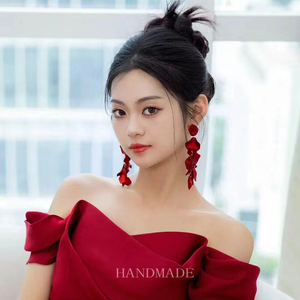 韩式复古时尚红色花瓣叶子气质耳环925银针欧美夸张新娘耳饰高级