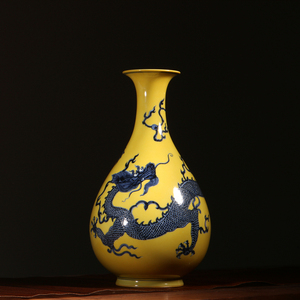 景德镇 立明堂 明式黄地霸王龙玉壶春瓶花瓶赏瓶高端功夫陶瓷茶具