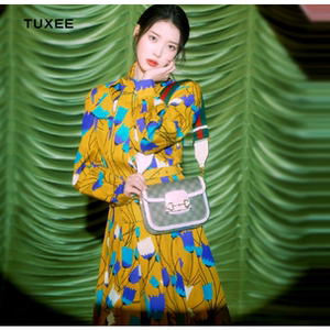 正品tuxee时尚明星李知恩同款女装气质郁金香印花连衣裙女