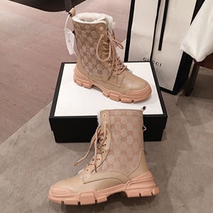 gucci/古驰21秋冬新款女士经典字母拼接印花马丁靴休闲加绒时装靴