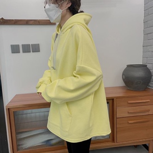 chamagodo茶马古道卫衣女华夫格淡黄色连帽宽松大码胖mm下身失踪