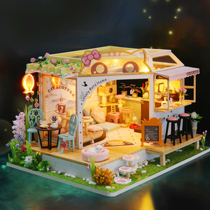 休闲猫咖后花园弘达diy创意手工小房子木屋带灯生日礼物立体模型