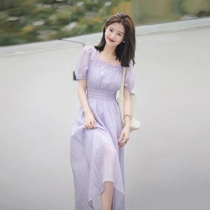 星落裙复古方领紫色仙女裙2024夏季新款优雅气质中长款雪纺连衣裙