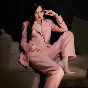 明星唐嫣同款粉色西装套装女气质职业正装春秋休闲西服外套两件套