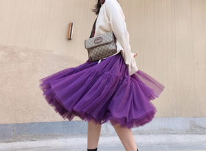 2021春新品轻奢紫色拼接蛋糕公主裙高腰五层蓬蓬裙大摆网纱半身裙
