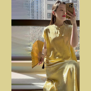 新中式旗袍改良年轻款少女2024新款夏季端庄大气中国风黄色连衣裙