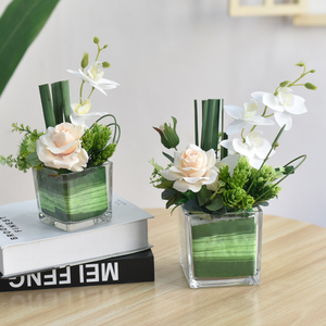 玻璃方樽桌花仿真花摆件商务会议酒店餐厅客厅桌面装饰假花束摆设