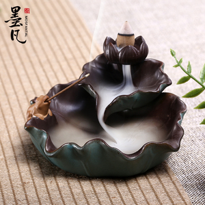 墨凡青蛙荷花陶瓷倒流香炉创意摆件大号家用观赏线香塔香香薰炉