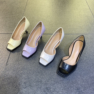 鱼嘴单鞋女细中跟浅口