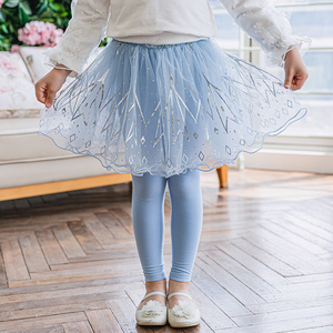 船鼠女童裙裤网纱烫印儿童打底裤假两件春秋女宝宝裤子小女孩裤裙