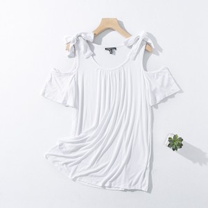 E61-3夏季新品女装甜美系带露肩上衣 垂感弹力显瘦清新短袖T恤衫