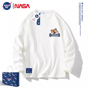 NASA联名卡通柯基男士长袖t恤2023春秋季新款圆领白色纯棉体恤衫